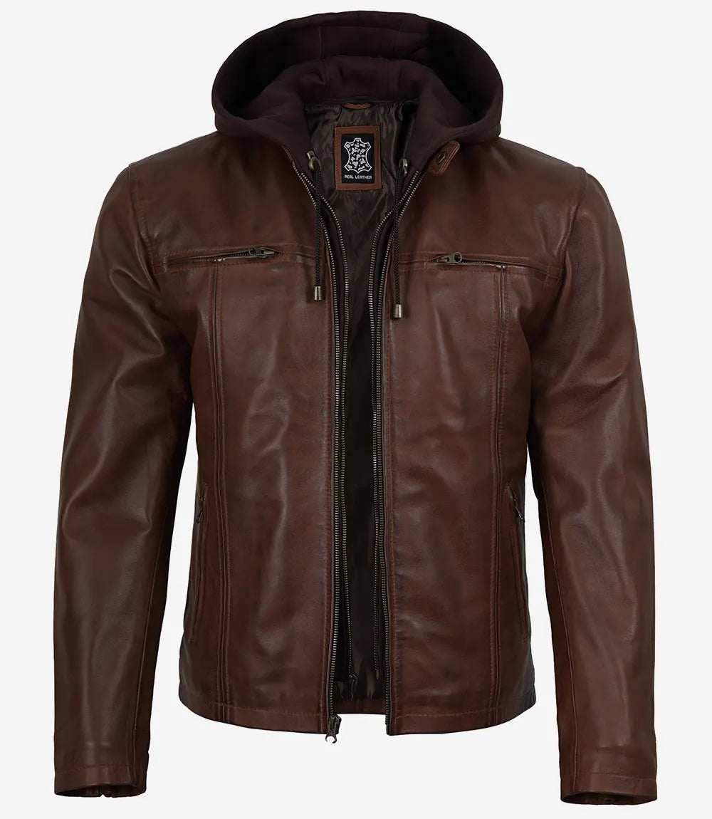 Men's Cognac Wax Lambskin Leather Jacket with Removable Hood