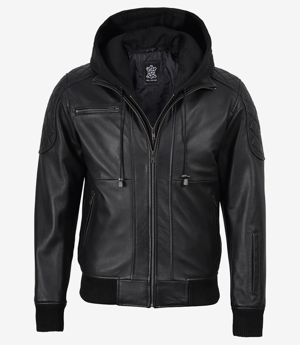 Men's Black Hooded Leather Bomber Jacket with Quilted Shoulders