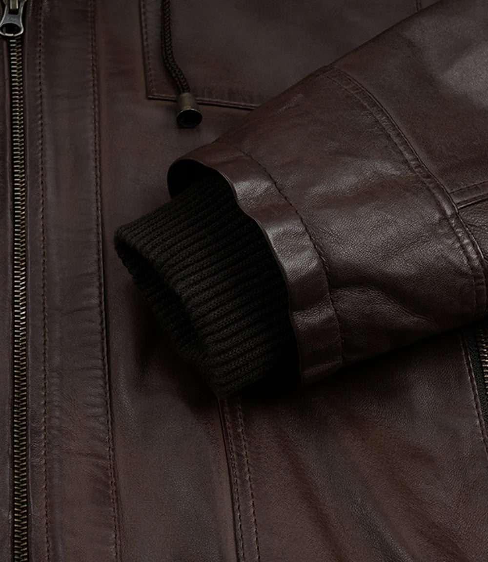 Men's Dark Brown Bomber Real Leather Jacket With Removable Hood