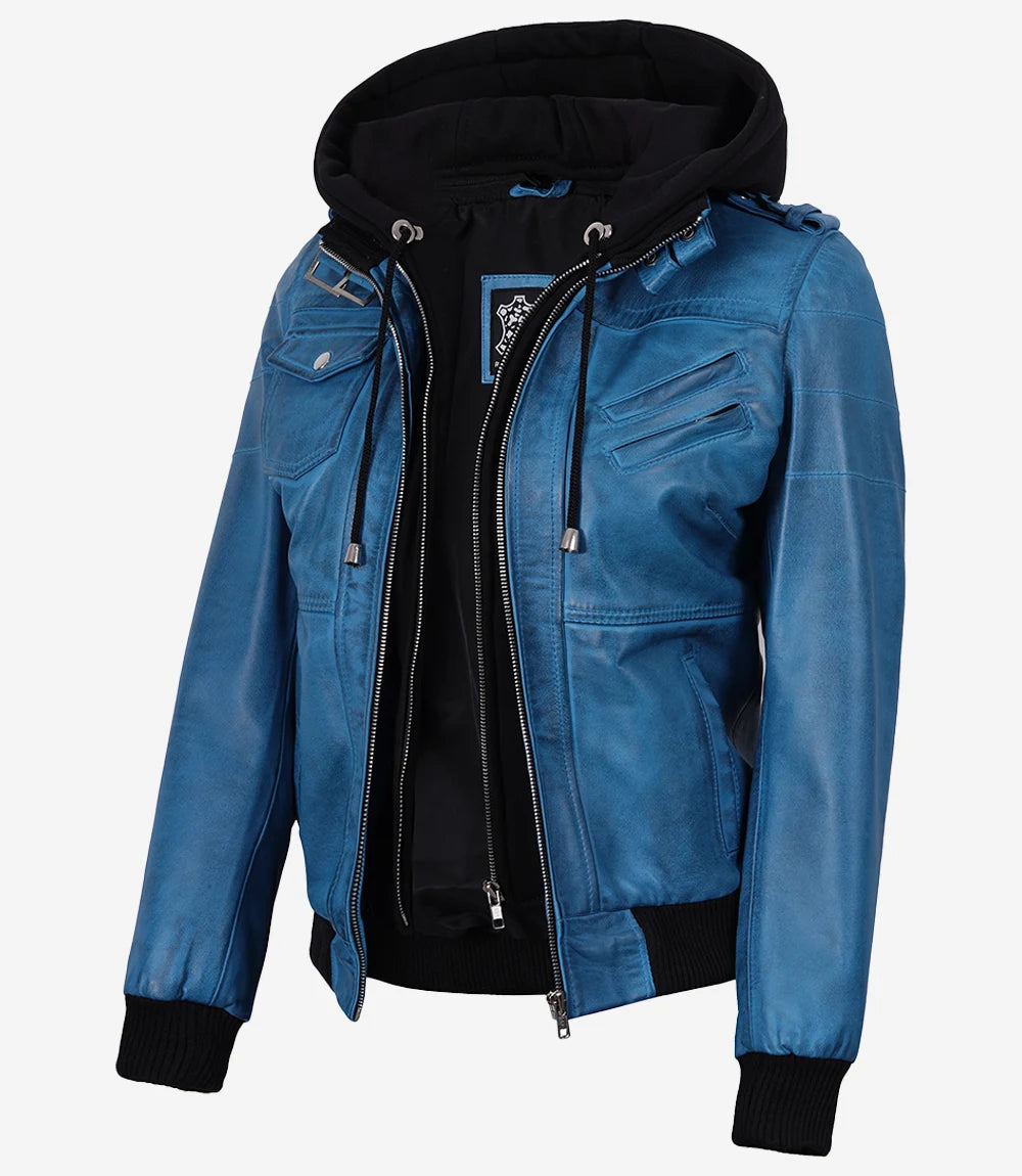 Women's Bomber Blue Wax Leather Jacket with Removable Hood