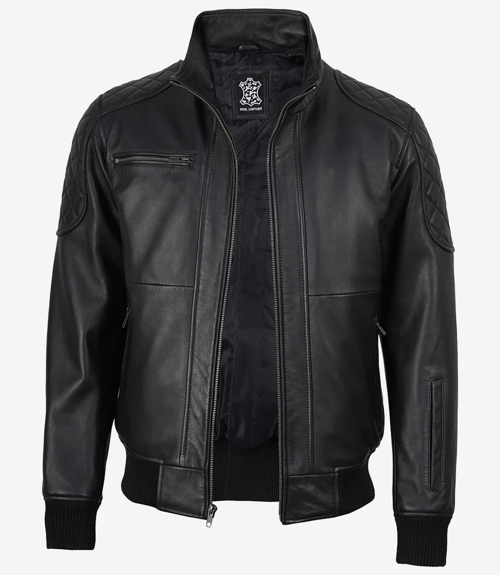 Men's Black Hooded Leather Bomber Jacket with Quilted Shoulders