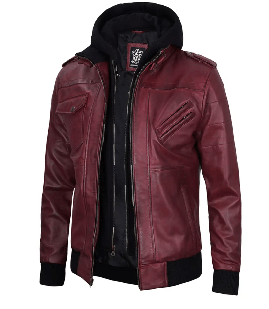 Men's Burgundy Bomber Leather Jacket with Removable Hood
