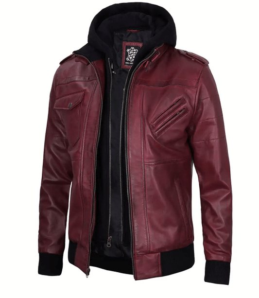 Men's Burgundy Bomber Leather Jacket with Removable Hood