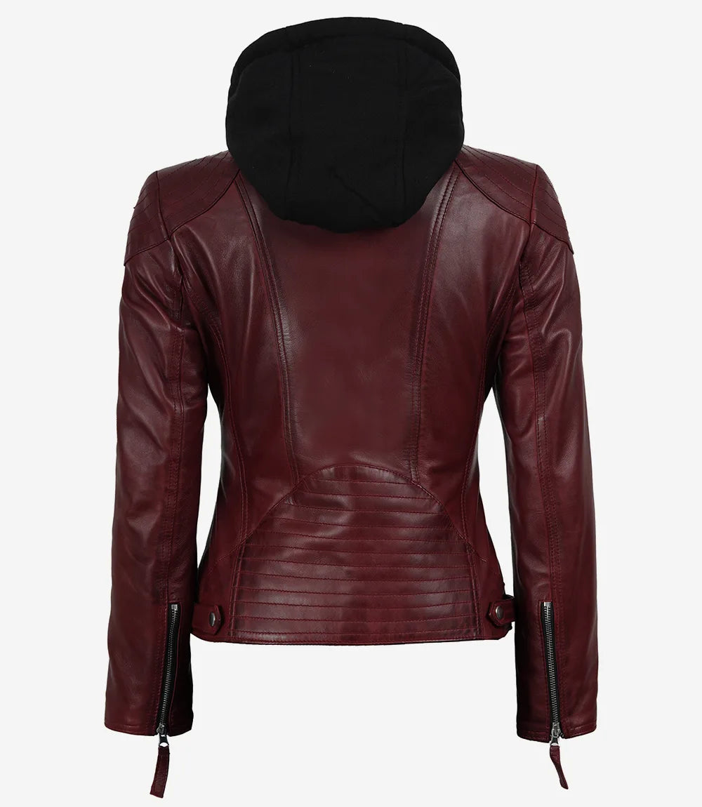 Women's Maroon Real Leather Jacket With Removable Hood