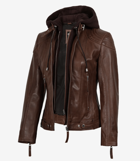 Women's Cognac 2-in-1 Real Lambskin Hooded Leather Jacket