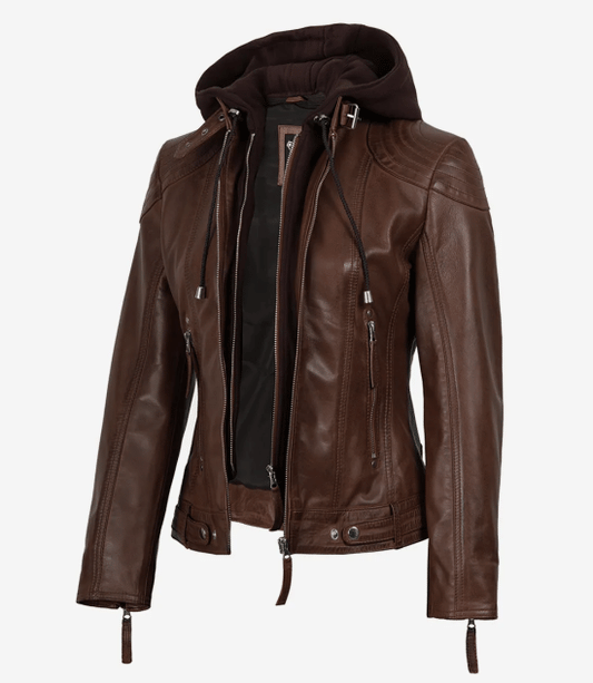 Women's Cognac 2-in-1 Real Lambskin Hooded Leather Jacket