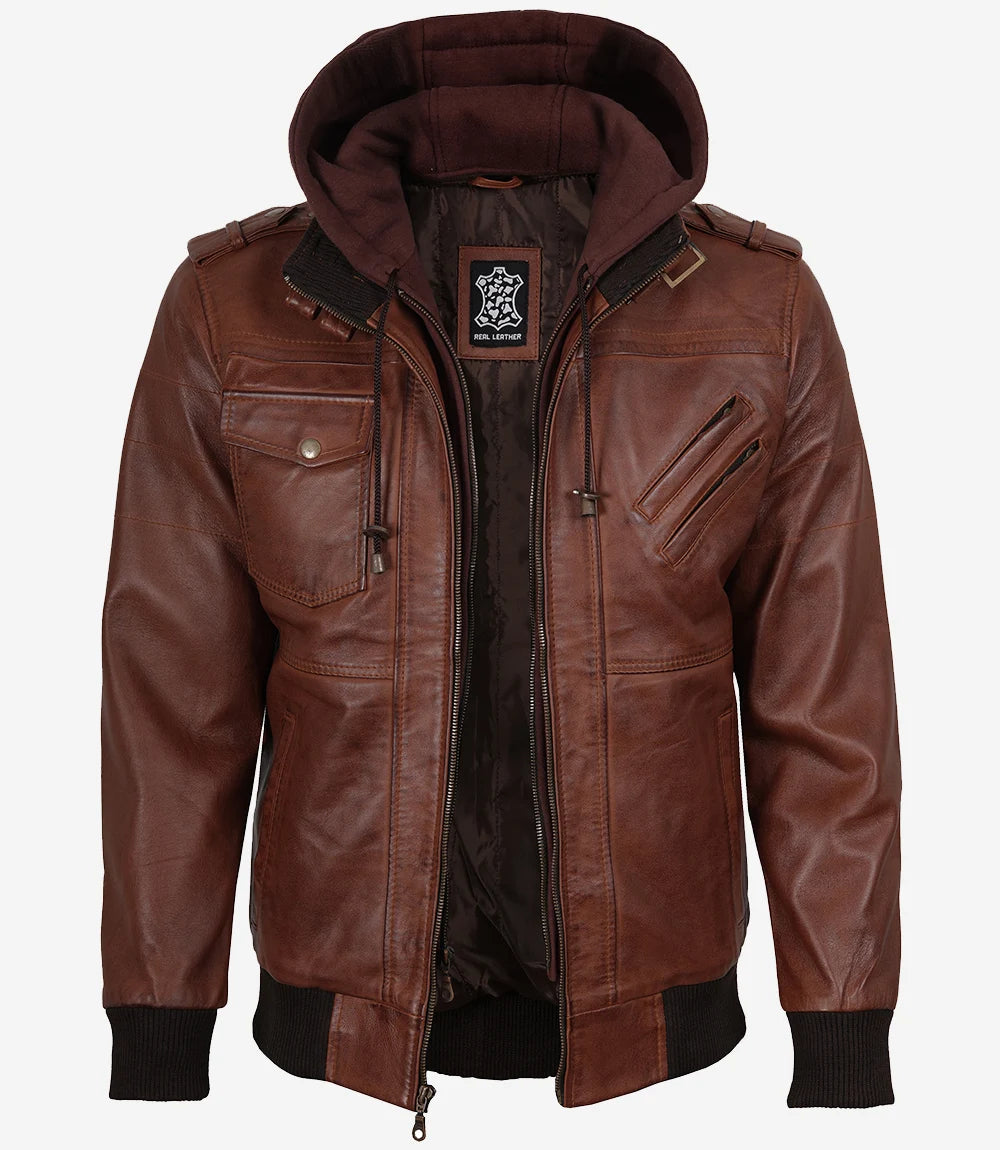 Men's Cognac Brown Bomber Leather Jacket — Removable Hood