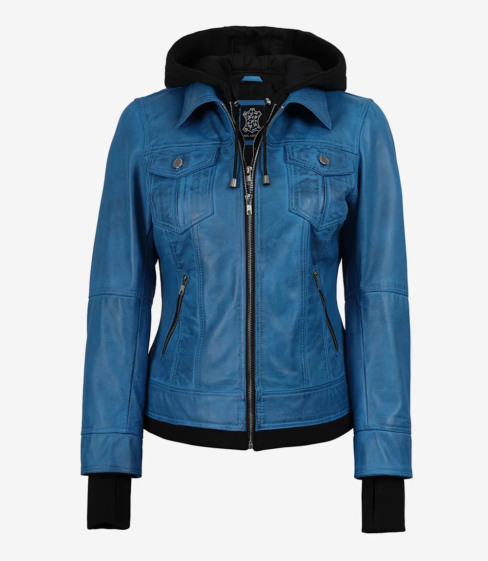 Women's Vivid Blue Lambskin Jacket - Detachable Hood with Thumbholes