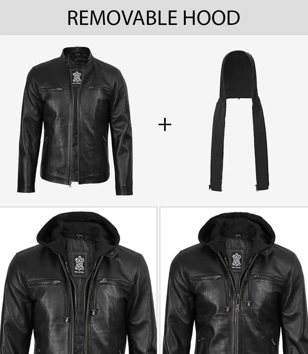 Men's Black Cafe Racer Leather Jacket with Removable Hood