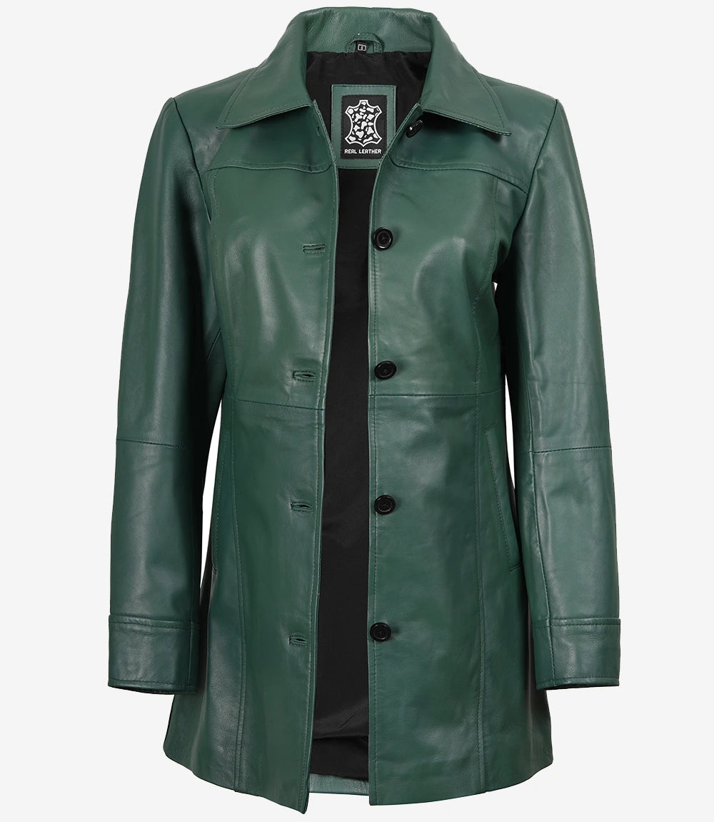 Women's Green Real Leather 3/4 Length Car Coat
