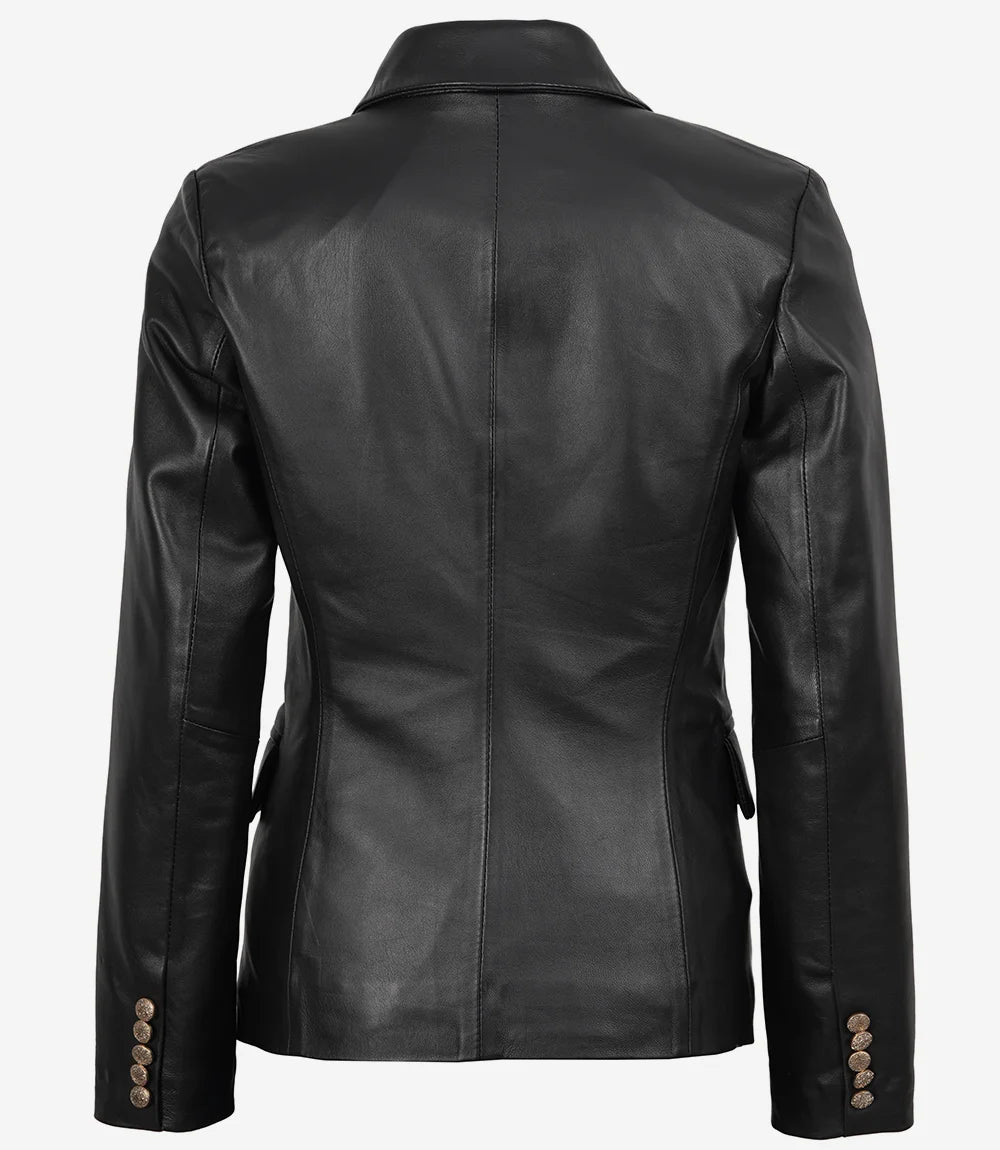 Women Black Double Breasted Leather Blazer