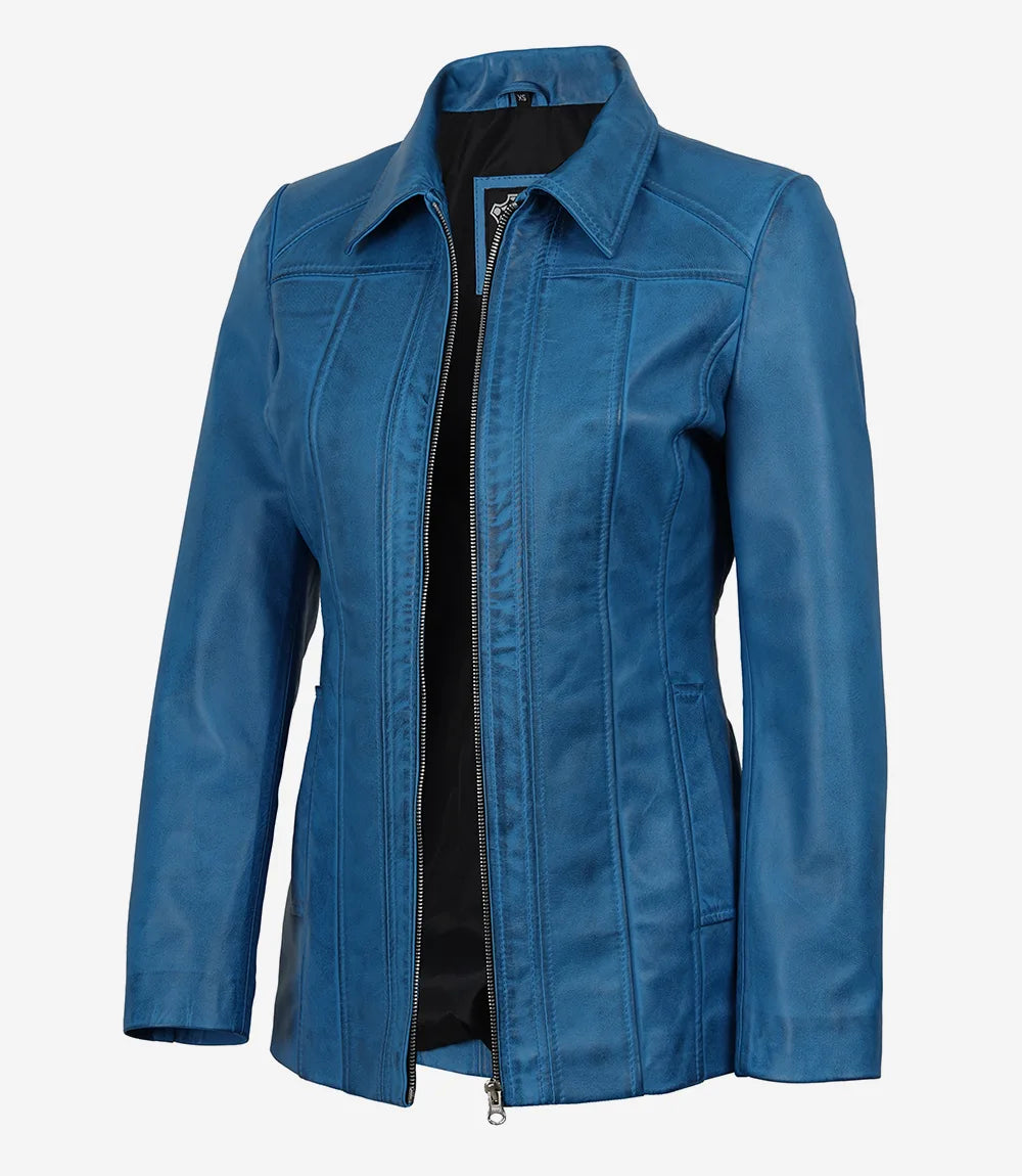 Women's Blue 3/4 Length Real Lambskin Leather Car Coat