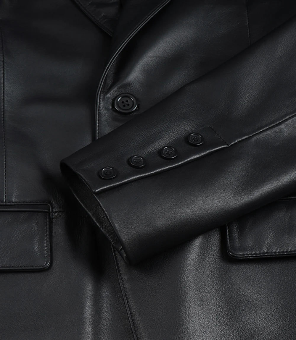 Men's Black Real Lambskin Leather Blazer – Peak Lapel Tailored Fit