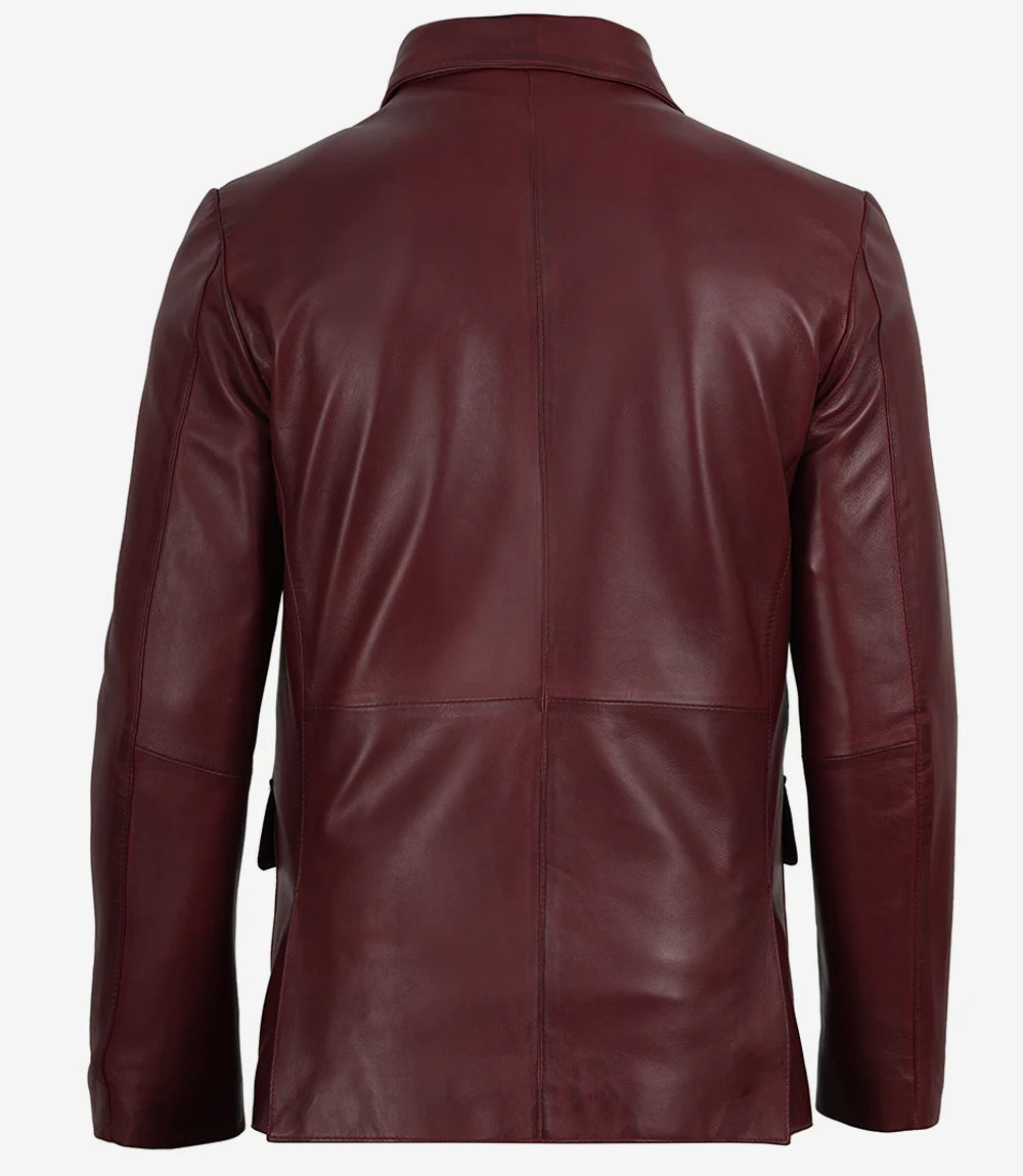 Men's Burgundy Lambskin Leather Blazer - Three Button Style