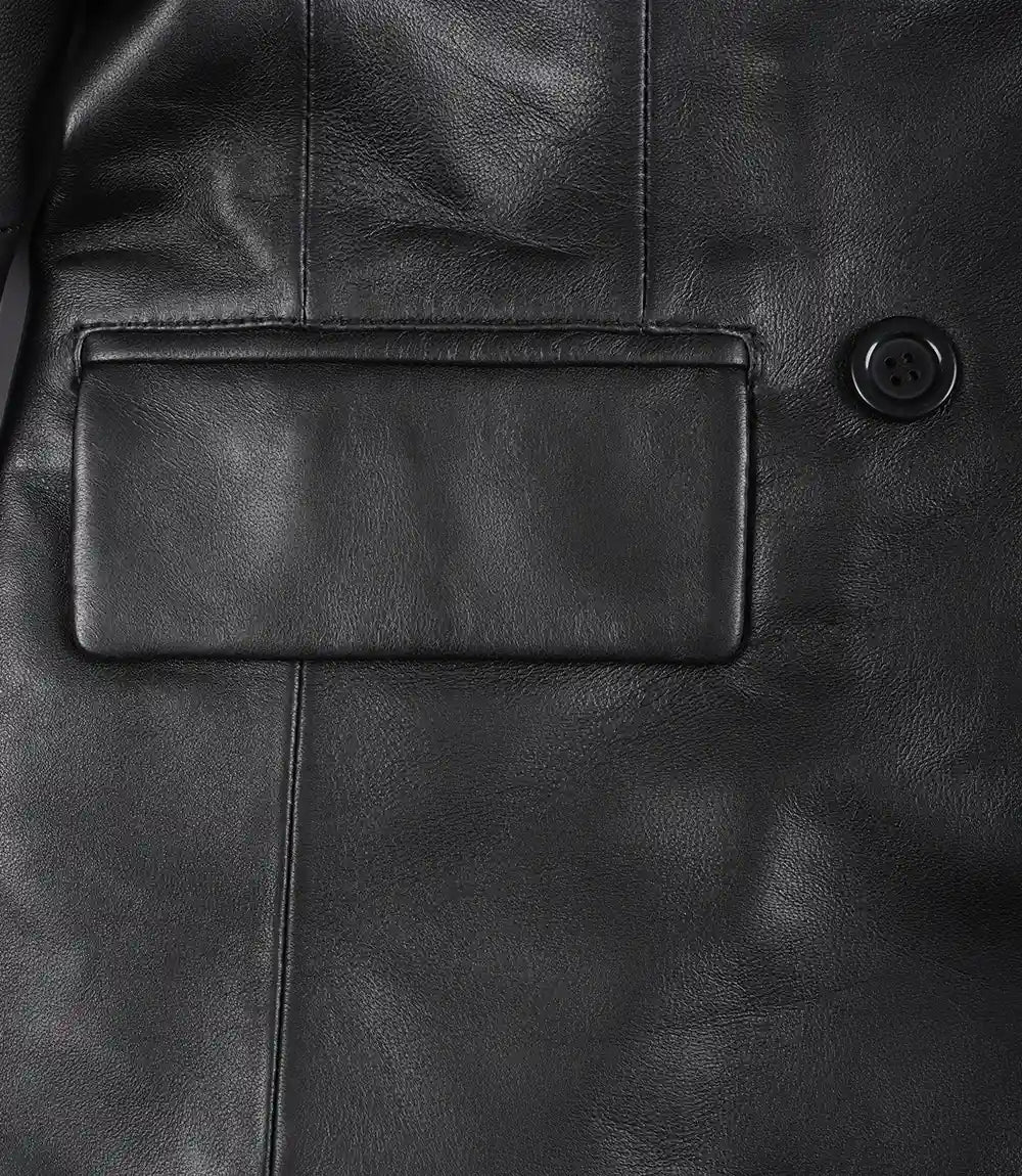 Women Black Double Breasted Leather Blazer Jacket