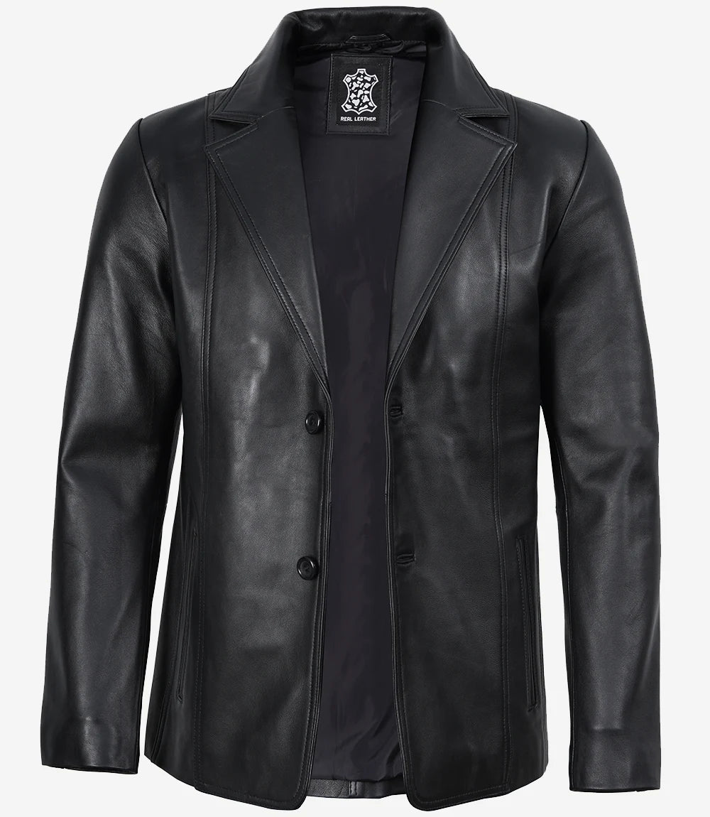 Men's Two Button Black Leather Blazer