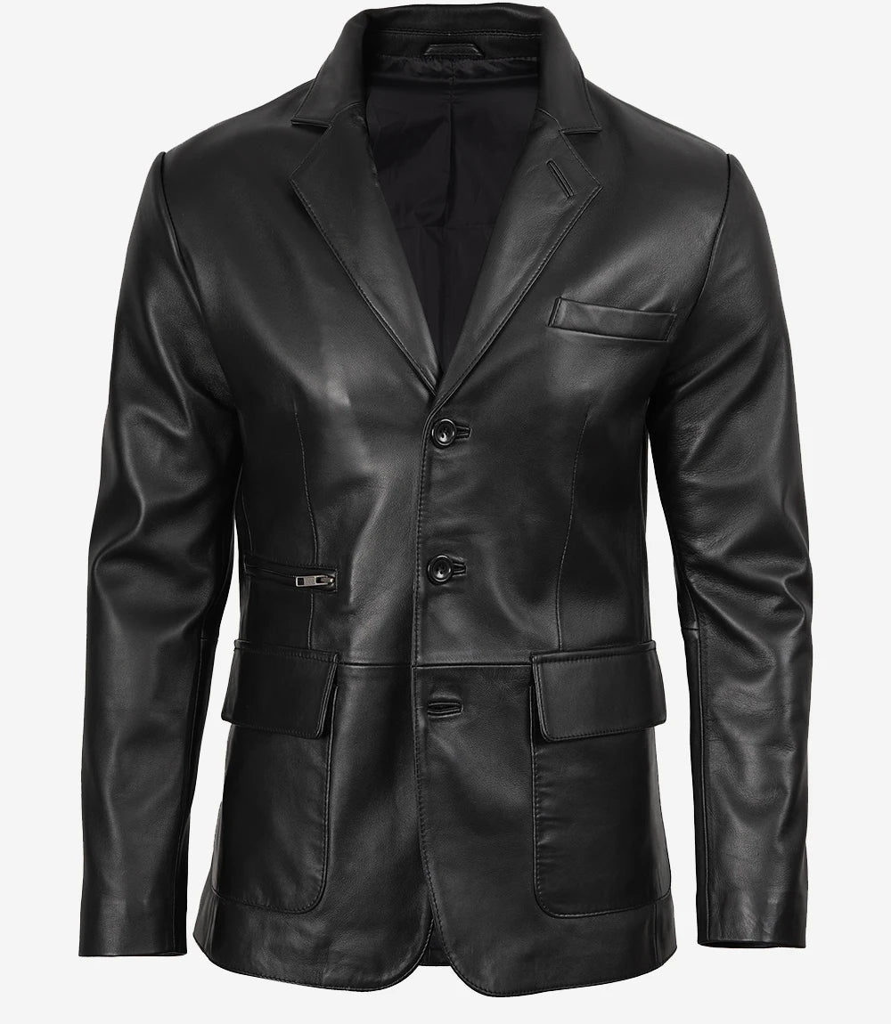 Arya Men's Black Three Button Leather Blazer