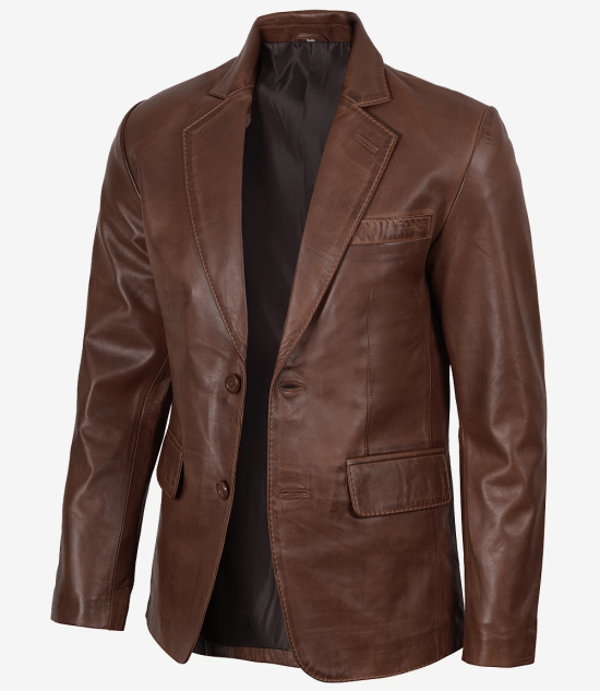 Cognac Waxed Two Button Mens Leather Blazer