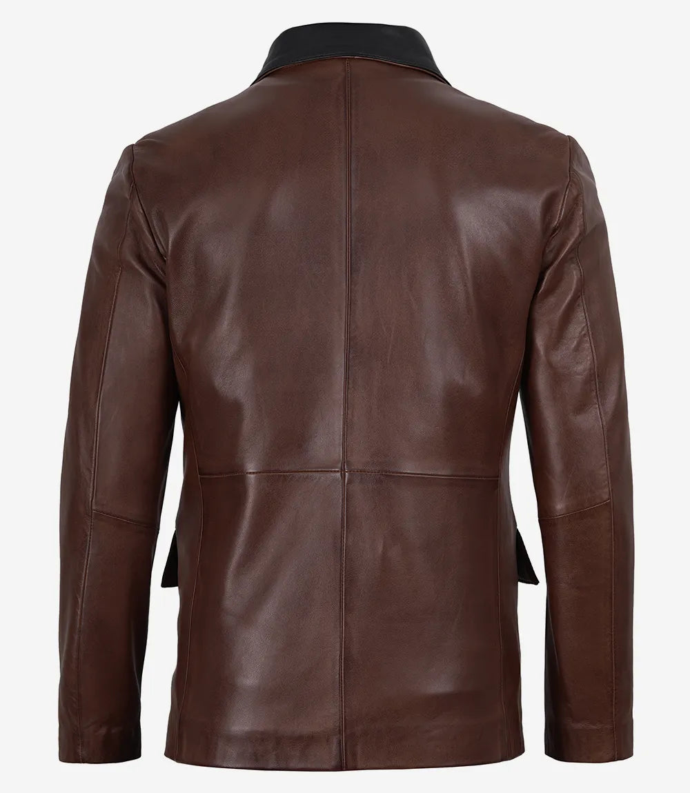 Men's Cognac Wax Lambskin Leather Blazer — Dark Brown Lapel
