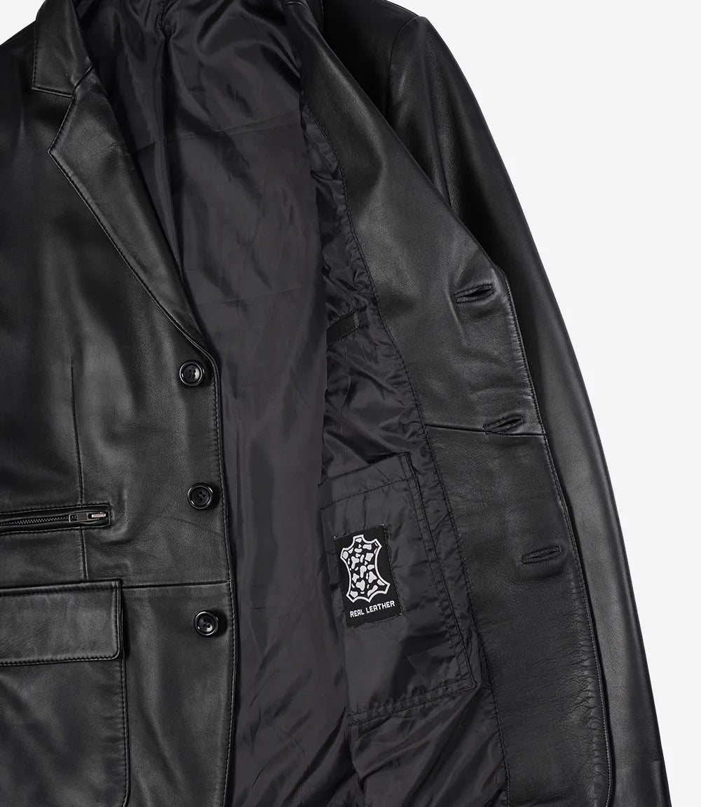 Arya Men's Black Three Button Leather Blazer