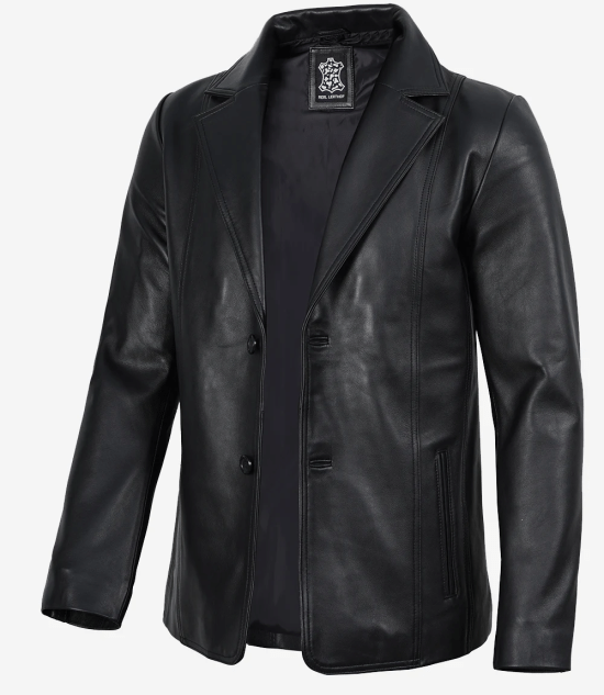 Men's Two Button Black Leather Blazer