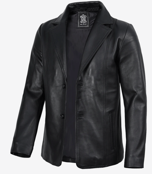 Men's Two Button Black Leather Blazer