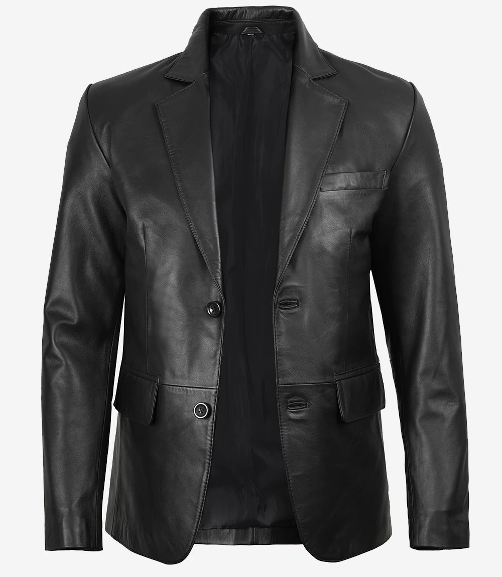 Arya — Men's Black Two-Button Leather Blazer