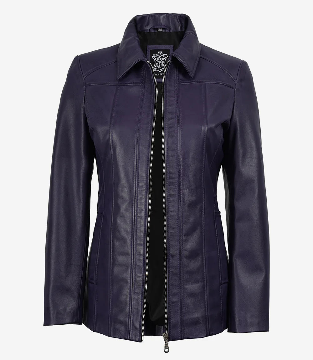 Women's Purple Real Leather Car Coat with Shirt Collar