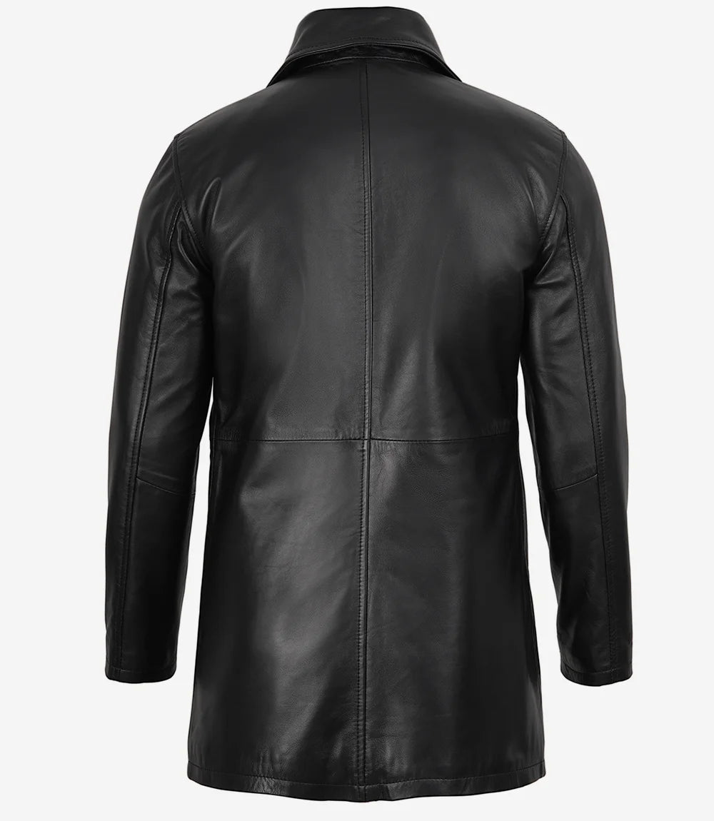 Men's Black Lambskin Leather Car Coat — 3/4 Length