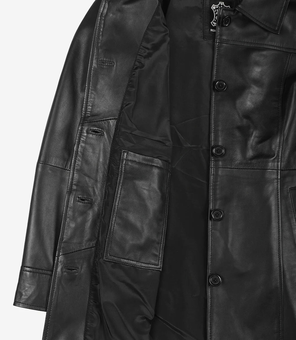 Womens Real Black Leather Coat — Mid-Length Style