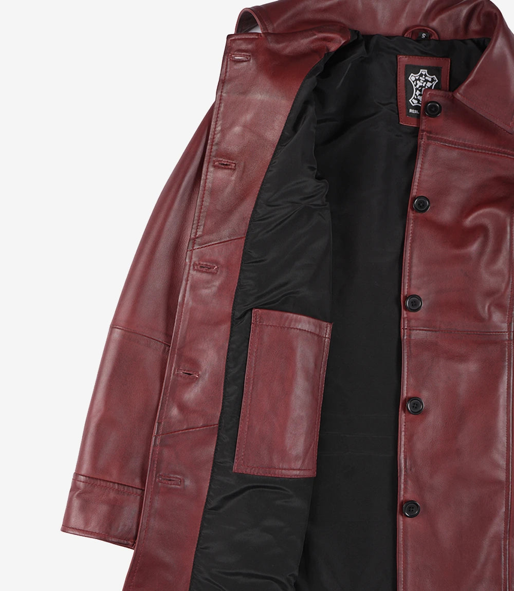 Women's Burgundy Real Leather Car Coat – 3/4 Length