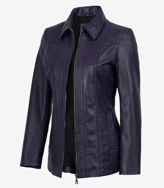Women's Purple Real Leather Car Coat with Shirt Collar