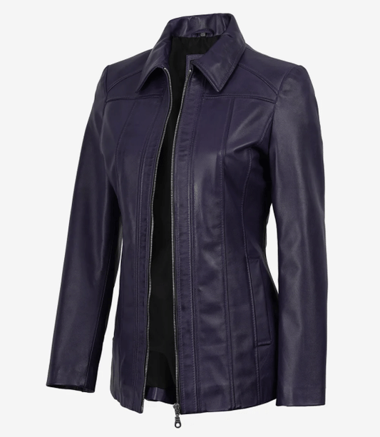 Women's Purple Real Leather Car Coat with Shirt Collar