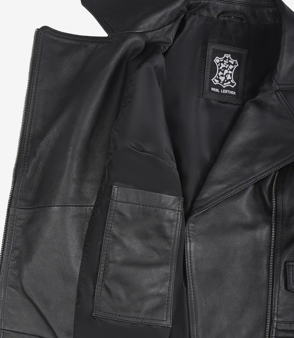 Women's Black Padded Style Leather Biker Jacket — Asymmetrical Zip