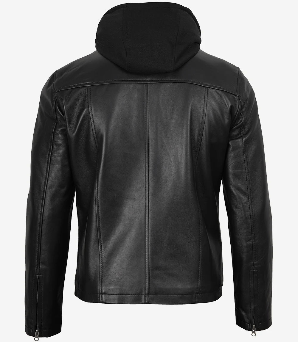 Men's Black Cafe Racer Leather Jacket with Removable Hood