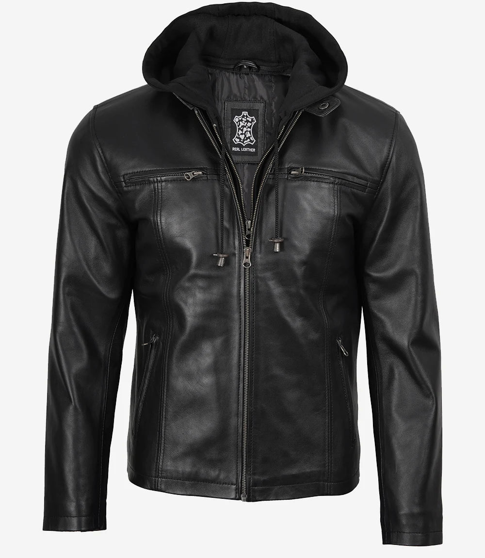 Men's Black Cafe Racer Leather Jacket with Removable Hood