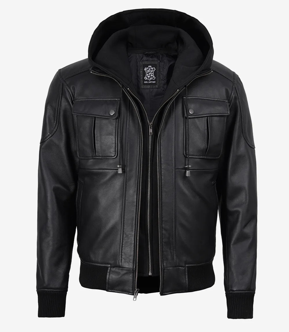 Men's Black Real Leather Bomber Jacket with Detachable Hood