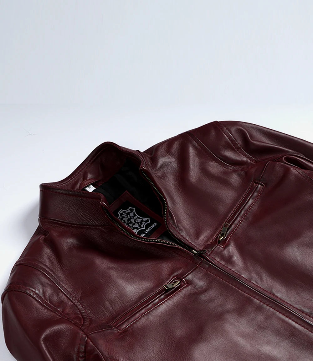 Men's Cafe Racer Burgundy Wax Leather Jacket - Moto Style