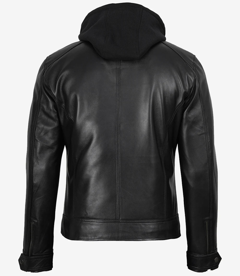 Men Black Leather Racer Jacket with Removable Hoodie