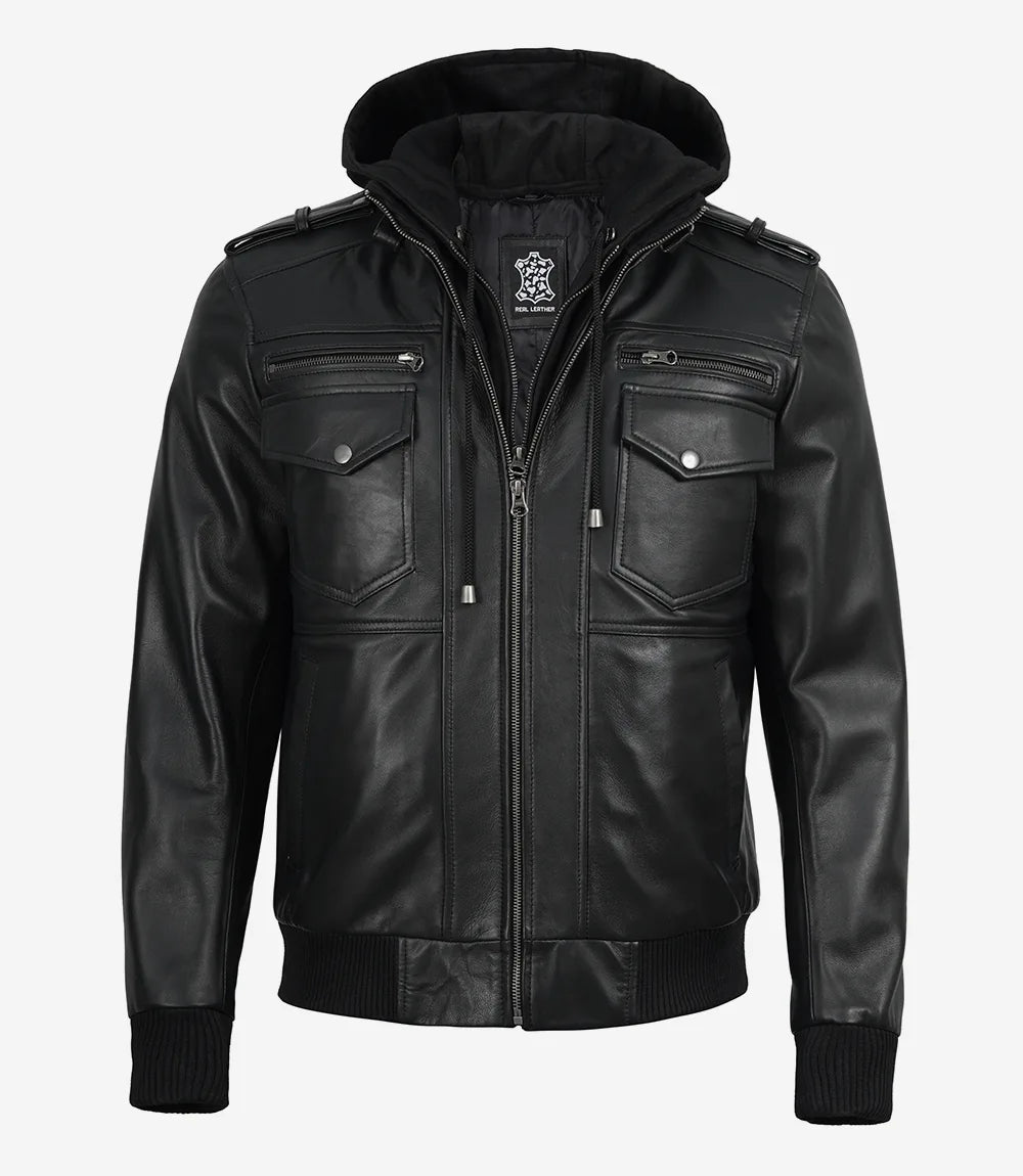 Men's Black Leather Bomber Jacket with Detachable Hood