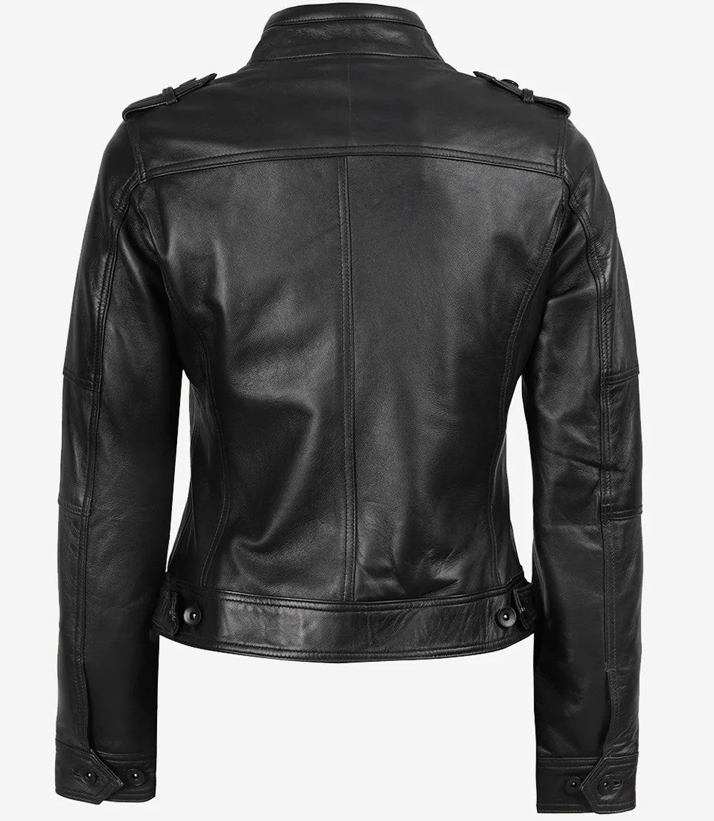 Women's Black Cafe Racer Leather Jacket with Epaulets