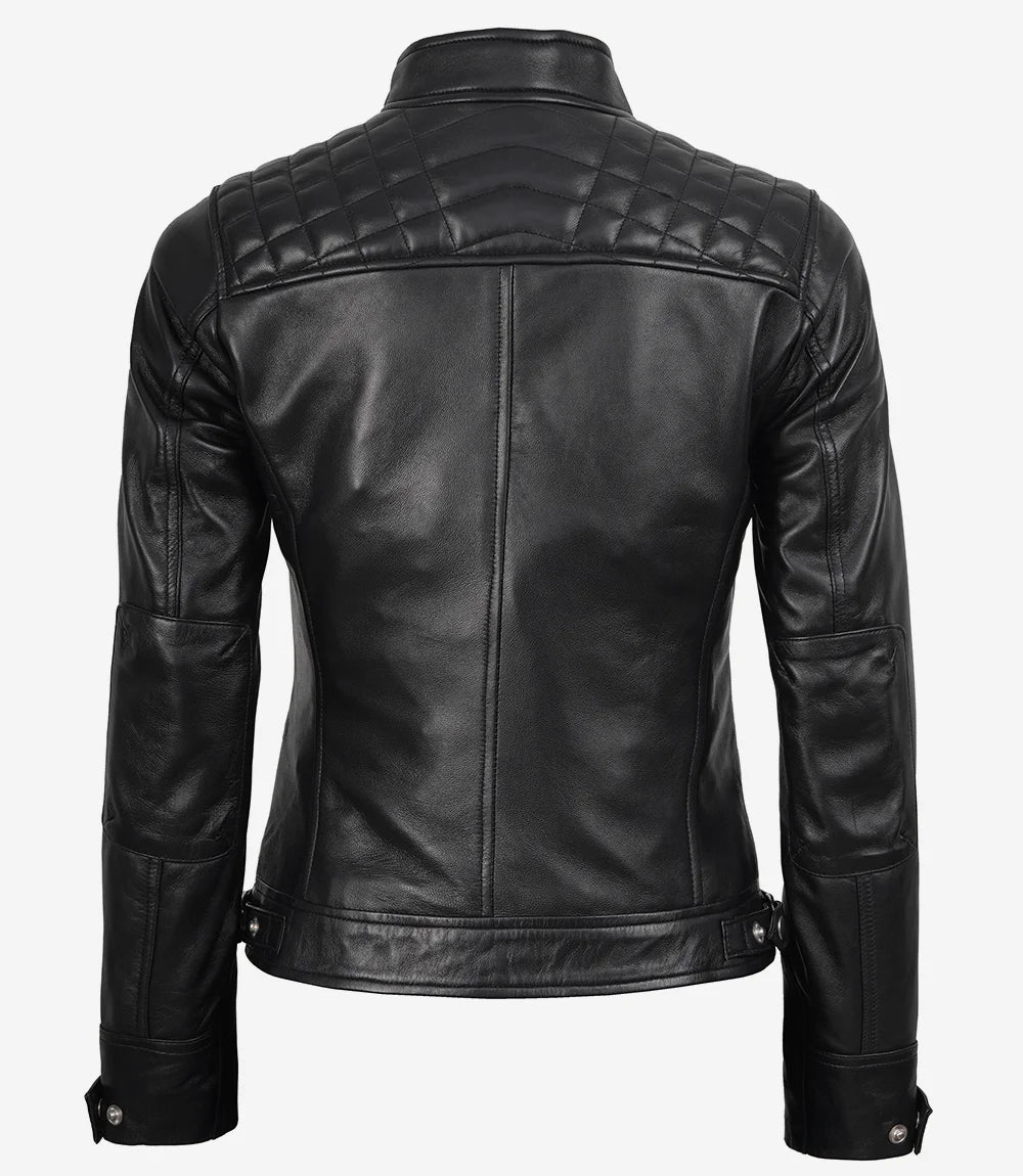 Women Black Quilted Cafe Racer Leather Jacket