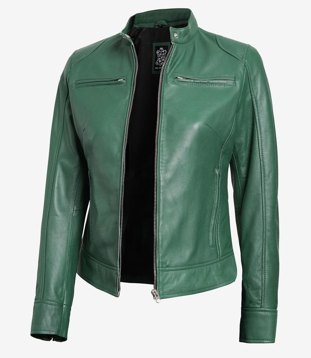 Women Green Cafe Racer Leather Jacket