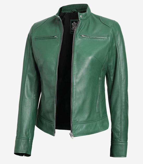 Women Green Cafe Racer Leather Jacket