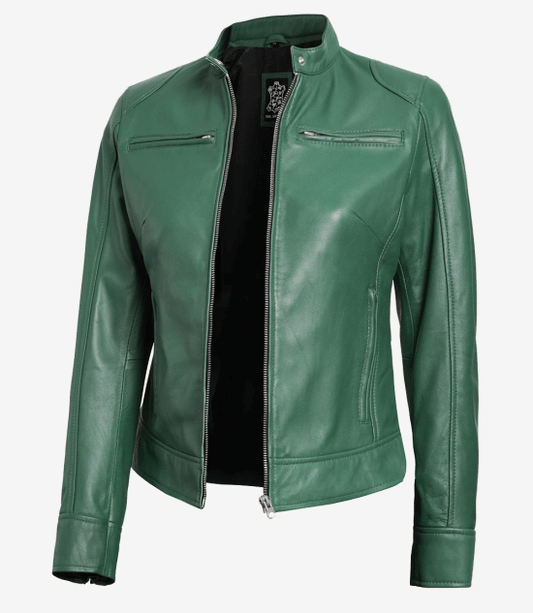 Women Green Cafe Racer Leather Jacket