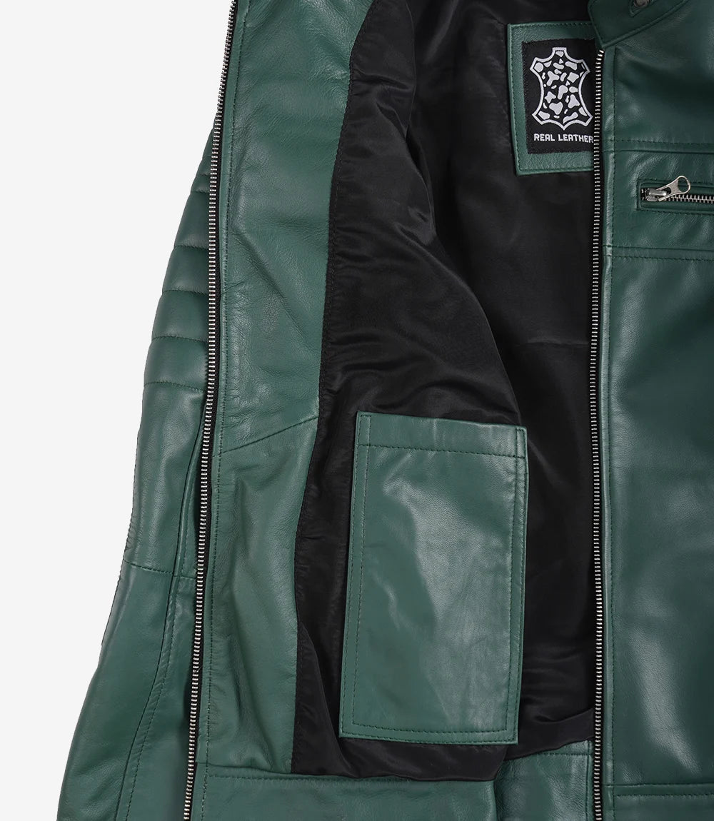 Women's Green Real Leather Cafe Racer Jacket