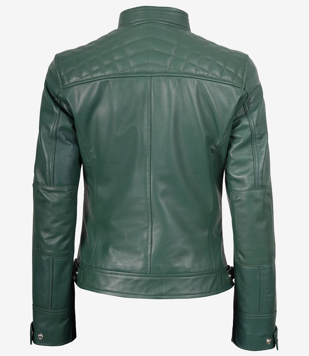 Women Green Diamond Cafe Racer Real Leather Jacket