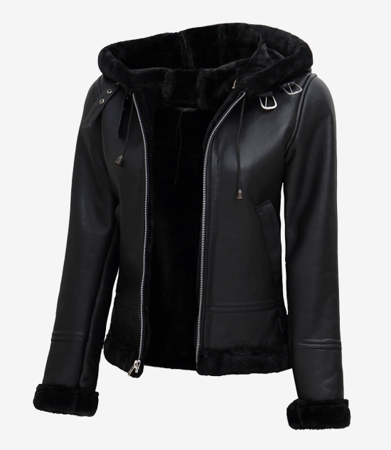 Women's Black Leather Jacket — With Black Faux Fur Hood