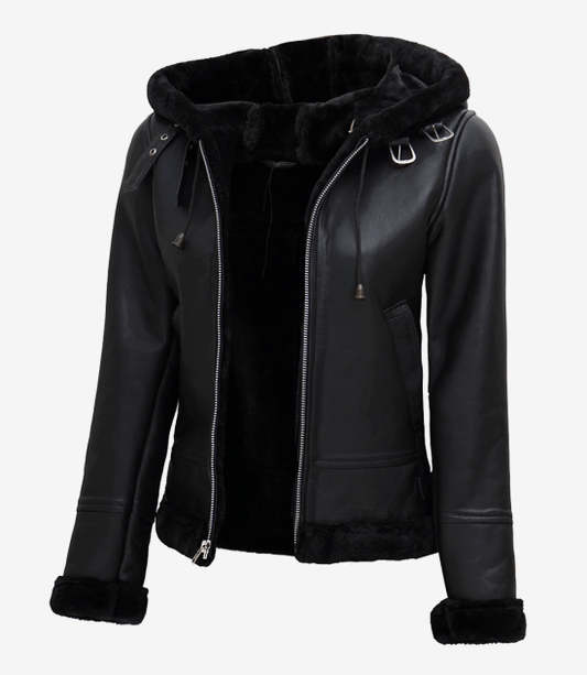 Women's Black Leather Jacket — With Black Faux Fur Hood