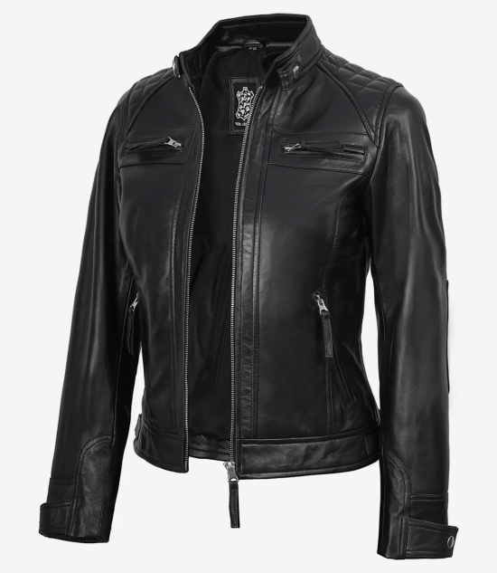 Women Black Quilted Cafe Racer Leather Jacket
